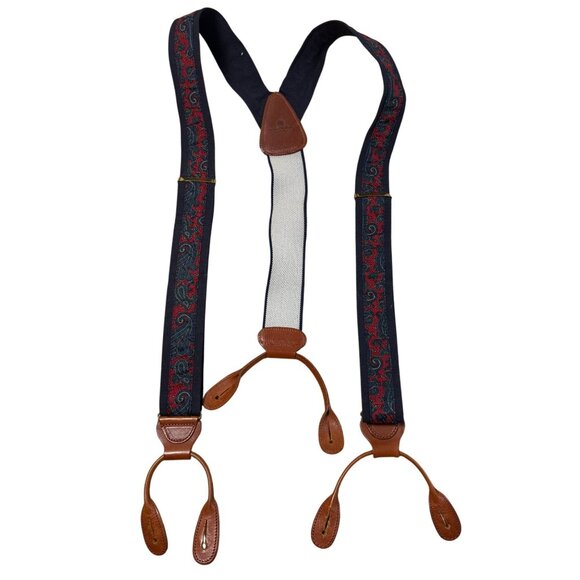 Ermenegildo Zegna Mens Paisley Suspenders Leather Adjustable Navy Red Italy - Picture 2 of 5